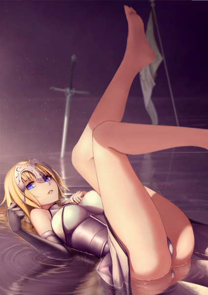 Anime picture 848x1200 with fate (series) fate/grand order fate/apocrypha type-moon jeanne d'arc (fate) (all) jeanne d'arc (fate) shijiu (adamhutt) single long hair tall image looking at viewer fringe breasts blue eyes light erotic blonde hair large breasts bare shoulders bent knee (knees) ass