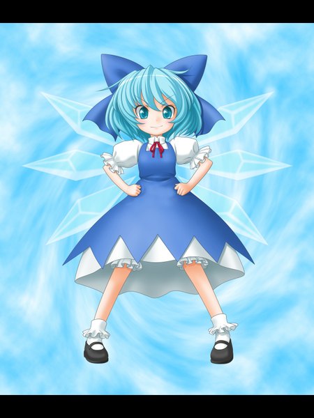 Anime picture 1200x1600 with touhou cirno t2r (artist) single tall image short hair blue eyes blue hair blue background girl dress bow hair bow wings