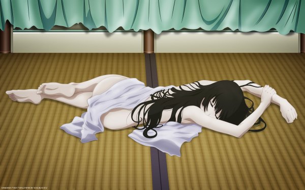 Anime picture 2560x1600 with sankarea studio deen sanka rea long hair highres light erotic black hair wide image lying eyes closed barefoot legs sleeping girl towel