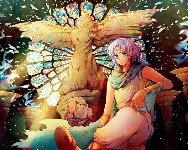 Anime picture 1000x800 with seiken densetsu seiken densetsu 3 heath (seiken densetsu 3) milan1000 single short hair blue eyes looking away silver hair sunlight angel broken broken glass boy bracelet belt cape jewelry debris