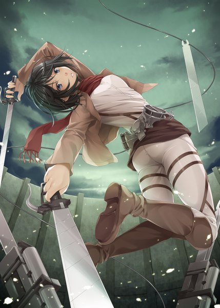 Anime picture 1296x1812 with shingeki no kyojin production i.g mikasa ackerman mukunokino isshiki single tall image looking at viewer short hair blue eyes black hair holding open clothes open jacket dual wielding girl weapon sword jacket boots scarf