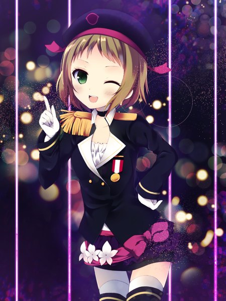 Anime picture 600x800 with love live! school idol project sunrise (studio) love live! kira tsubasa kanora single tall image blush short hair open mouth smile brown hair green eyes one eye closed wink hand on hip girl thighhighs gloves uniform