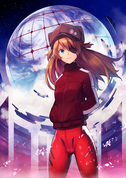 Anime picture 1254x1770 with neon genesis evangelion rebuild of evangelion gainax shikinami asuka langley kanini long hair tall image fringe blue eyes light erotic hair between eyes brown hair payot looking away night night sky cameltoe hands in pockets girl hat