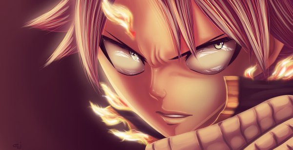 Anime picture 2407x1234 with fairy tail natsu dragneel eternajehuty (artist) single fringe highres short hair simple background wide image looking away pink hair lips close-up face serious angry boy scarf fire