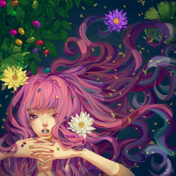 Anime picture 1200x1200 with original zi jun single long hair looking at viewer open mouth purple eyes purple hair nail polish hair flower wind girl hair ornament flower (flowers) plant (plants) petals food sweets candy