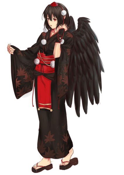 Anime picture 2480x3507 with touhou shameimaru aya single tall image highres short hair black hair red eyes traditional clothes japanese clothes transparent background girl hat wings kimono