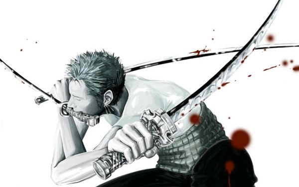 Anime picture 1280x800 with one piece toei animation roronoa zoro single short hair simple background wide image white background eyes closed green hair piercing crossed arms boy weapon sword katana blood