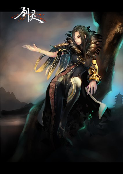 Anime picture 1240x1754 with blade & soul jin seo yeon musynexsk single long hair tall image black hair brown eyes looking away chinese clothes girl bracelet fur