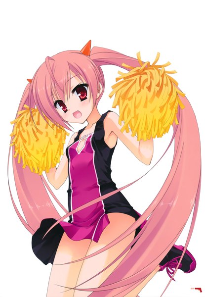 Anime picture 2416x3492 with hidan no aria kanzaki h aria kobuichi single long hair tall image looking at viewer blush highres open mouth simple background red eyes white background pink hair very long hair horn (horns) scan official art loli cheerleader