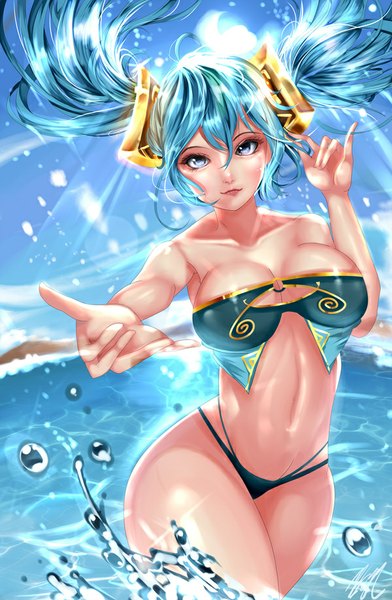 Anime picture 600x917 with league of legends sona buvelle cksl62 (harmonics) single long hair tall image fringe breasts blue eyes light erotic large breasts twintails blue hair sunlight bare belly midriff outstretched arm girl swimsuit water