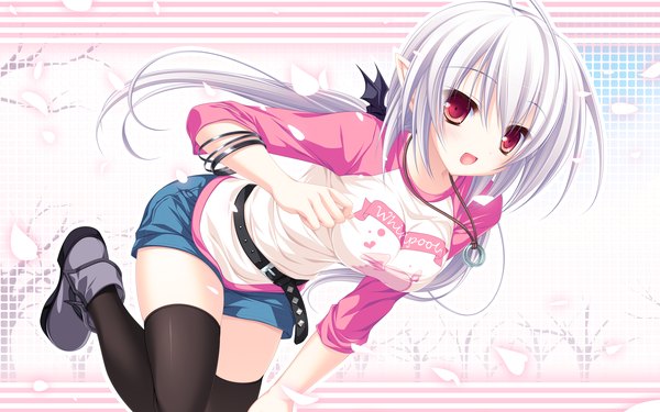 Anime picture 2560x1600 with suzukaze no melt whirlpool (studio) suzu (suzukaze no melt) tenmaso single long hair highres breasts open mouth red eyes wide image white hair girl thighhighs black thighhighs wings shorts bracelet belt pendant