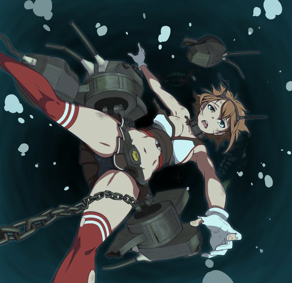 Anime picture 1436x1392 with kantai collection mutsu battleship puge (artist) single short hair open mouth light erotic brown hair cleavage midriff pantyshot torn clothes underwater falling girl thighhighs skirt gloves navel underwear