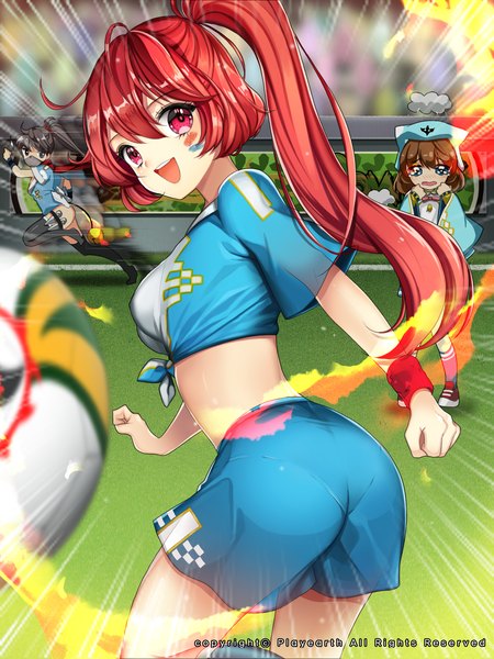 Anime picture 1500x2000 with kaizin rumble original world cup 2014 fifa world cup primcoco (jooarose) long hair tall image open mouth black hair red eyes brown hair multiple girls ponytail red hair football girl thighhighs uniform black thighhighs socks