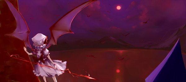 Anime picture 1800x800 with touhou remilia scarlet ann606 single highres short hair wide image blue hair cloud (clouds) from behind mountain landscape bat wings red moon lake girl dress bow wings bonnet