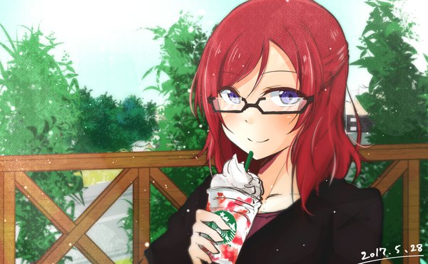 Anime picture 1838x1138 with love live! school idol project sunrise (studio) love live! starbucks nishikino maki rurika seijin single long hair looking at viewer blush highres smile wide image purple eyes holding red hair dated bespectacled girl plant (plants)