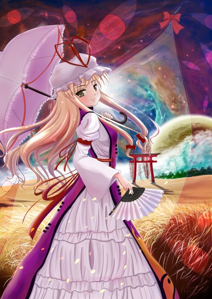 Anime picture 2580x3642 with touhou yakumo yukari single long hair tall image highres blonde hair smile sky cloud (clouds) grey eyes back space eyes gap girl dress bow plant (plants) hat