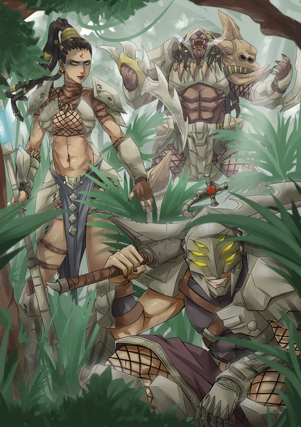 Anime picture 1500x2122 with league of legends nidalee (league of legends) rengar (league of legends) master yi (league of legends) exaxuxer long hair tall image looking at viewer light erotic black hair yellow eyes ponytail nail polish fingernails teeth midriff fang (fangs) long fingernails sharp teeth girl