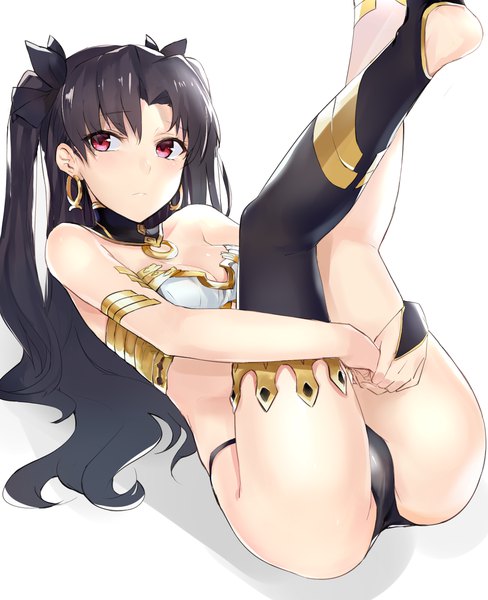 Anime picture 1237x1520 with fate (series) fate/grand order ishtar (fate) kyouki single long hair tall image fringe light erotic black hair simple background red eyes white background bare shoulders looking away cleavage two side up legs up girl thighhighs