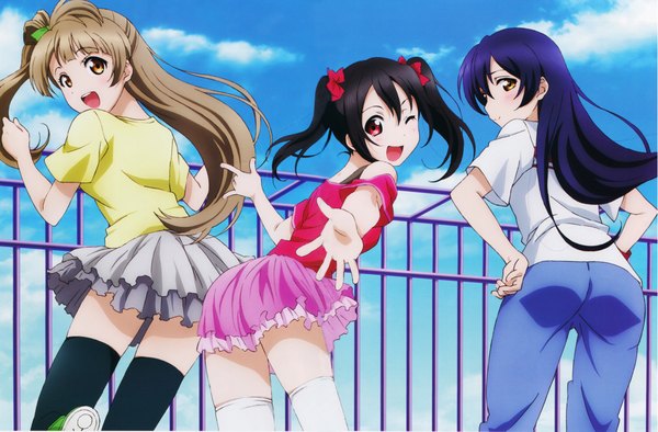 Anime picture 9205x6058 with love live! school idol project sunrise (studio) love live! yazawa nico ayase eli sonoda umi long hair blush highres open mouth black hair red eyes brown hair twintails multiple girls brown eyes blue hair absurdres sky cloud (clouds)