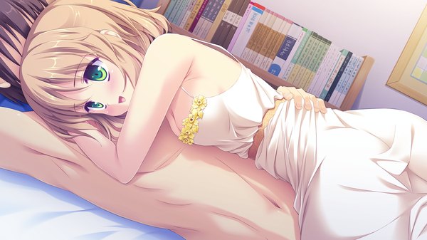 Anime picture 1280x720 with melty moment amane natsuki blush short hair open mouth light erotic blonde hair wide image green eyes game cg lying couple girl dress boy sundress