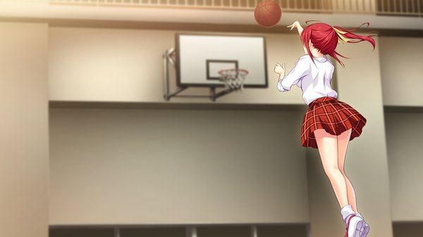 Anime picture 1280x720 with hatsukoi 1/1 tsukishima kyou koizumi amane long hair wide image game cg ponytail red hair basketball girl skirt uniform ribbon (ribbons) hair ribbon school uniform miniskirt shirt