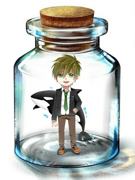 Anime picture 1000x1333 with free! kyoto animation tachibana makoto single tall image looking at viewer short hair open mouth simple background standing white background green eyes tail green hair shadow chibi in bottle shirt water necktie