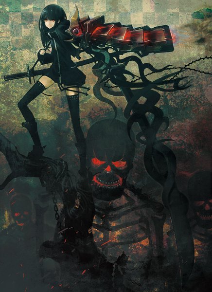 Anime picture 1455x2000 with black rock shooter huke tall image black hair red eyes checkered skeleton girl thighhighs weapon black thighhighs sword armor skull
