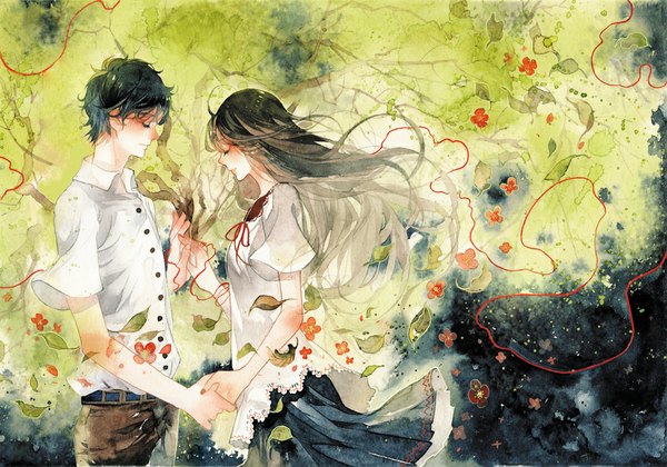 Anime picture 1000x701 with original rei (pixiv4656825) long hair short hair black hair smile brown hair eyes closed profile light smile wind couple holding hands face to face nature traditional media watercolor (medium) girl boy skirt