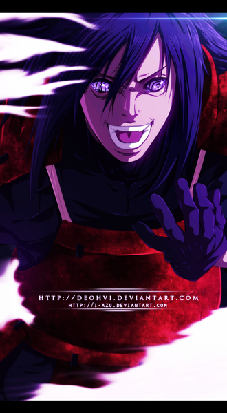 Anime picture 1115x2024 with naruto studio pierrot naruto (series) uchiha madara deohvi single long hair tall image open mouth purple eyes purple hair coloring close-up smoke laughing rinnegan boy gloves armor