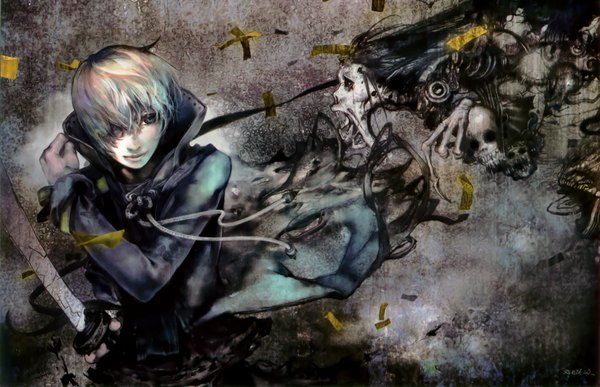 Anime picture 2117x1366 with the soul guardians (novel) pixiv boys collections 2009 blazewu single highres short hair blue eyes signed grey hair scan official art demon novel illustration boy weapon sword skull claws
