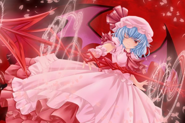 Anime picture 1200x800 with touhou remilia scarlet nekokotei single short hair red eyes blue hair one eye closed wink magic girl dress weapon hat wings spear the gungnir