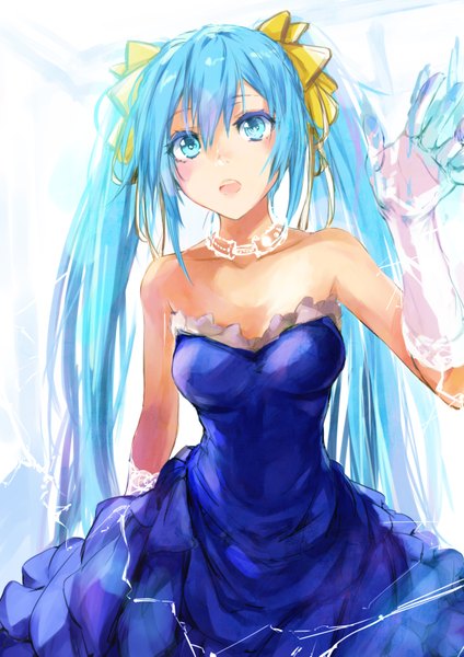 Anime picture 1158x1637 with vocaloid hatsune miku kiriyama single long hair tall image blush breasts open mouth standing twintails bare shoulders aqua eyes aqua hair girl dress gloves choker elbow gloves white gloves