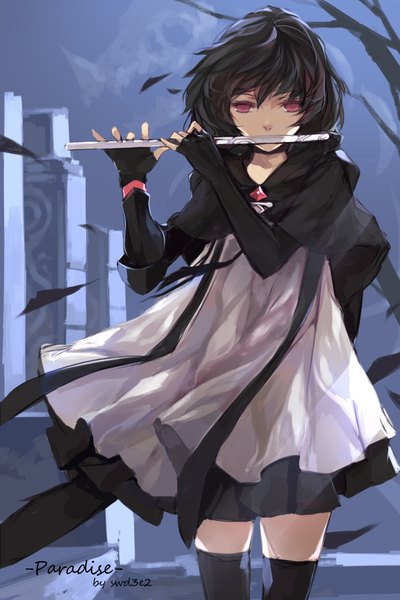 Anime picture 1417x2125 with original paradise (character) swd3e2 single tall image looking at viewer short hair black hair pink eyes girl thighhighs dress gloves black thighhighs fingerless gloves musical instrument flute