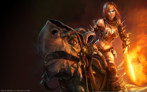Anime picture 1920x1200 with golden axe: beast rider (game) highres short hair wide image green eyes orange hair face paint bone (bones) girl sword armor fire monster