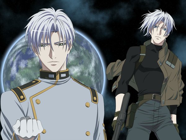 Anime picture 1600x1200 with jyu oh sei thor klein third short hair blue eyes green eyes silver hair space boy gloves uniform weapon jacket gun military uniform planet assault rifle earth