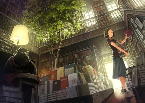 Anime picture 1600x1138 with original yoshida seiji single short hair open mouth standing holding brown eyes looking away bent knee (knees) indoors green hair sunlight :o from below dutch angle light girl skirt plant (plants)
