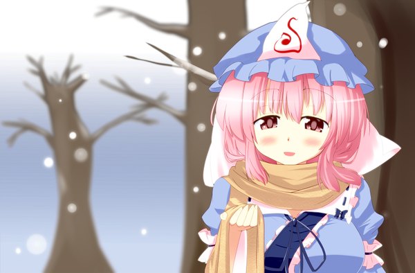 Anime picture 1750x1150 with touhou saigyouji yuyuko chamayy single blush highres short hair pink hair pink eyes snowing winter girl plant (plants) tree (trees) scarf bonnet