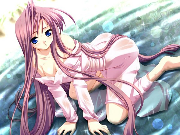 Anime picture 1024x768 with sorairo no organ (game) millet minase lin single looking at viewer breasts blue eyes light erotic brown hair bare shoulders game cg purple hair kneeling lens flare wet clothes glow partial nude girl water pajamas
