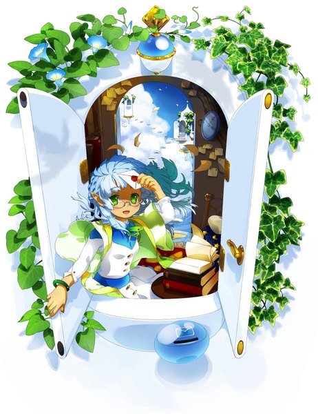 Anime picture 1541x2000 with original jane mere tall image green eyes blue hair sky cloud (clouds) pointy ears girl flower (flowers) glasses bracelet window book (books) letter morning glory