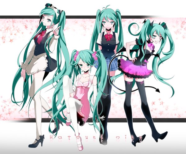Anime picture 1500x1240 with vocaloid hatsune miku manyako (mohumohu) smile twintails multiple girls ahoge tail very long hair aqua eyes aqua hair maid bat wings head wings multiple persona girl thighhighs dress skirt black thighhighs
