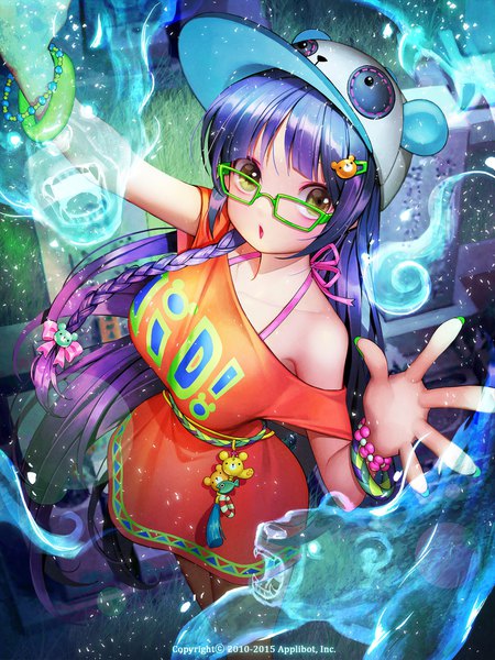 Anime picture 1500x2000 with furyou michi ~gang road~ araki keika soo kyung oh single long hair tall image looking at viewer fringe open mouth bare shoulders green eyes purple hair braid (braids) nail polish arm up from above single braid gradient hair ghost cute