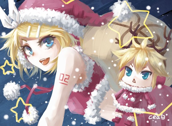 Anime picture 1688x1240 with vocaloid kagamine rin kagamine len cea looking at viewer fringe short hair open mouth blue eyes blonde hair hair between eyes bare shoulders signed horn (horns) fur trim snowing christmas girl boy hair ornament