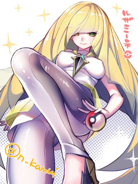 Anime picture 675x900 with pokemon pokemon sm nintendo lusamine (pokemon) n kamui single long hair tall image looking at viewer fringe breasts light erotic blonde hair smile white background holding green eyes signed bent knee (knees) blunt bangs