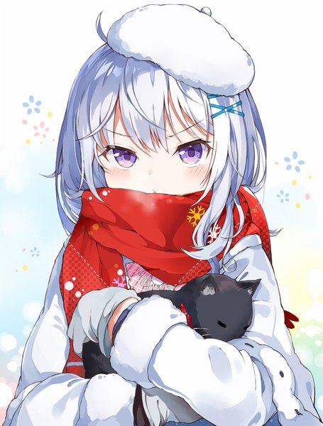 Anime picture 759x1000 with original myuton single long hair tall image looking at viewer blush fringe simple background white background purple eyes holding silver hair ahoge upper body long sleeves fur trim crossed arms exhalation cute
