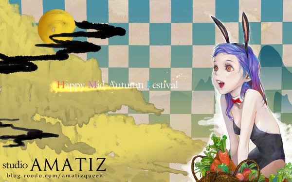 Anime picture 1920x1200 with amatiz single long hair highres open mouth smile bare shoulders signed animal ears looking away purple hair orange eyes bunny ears checkered checkered background girl bunnysuit vegetables carrot