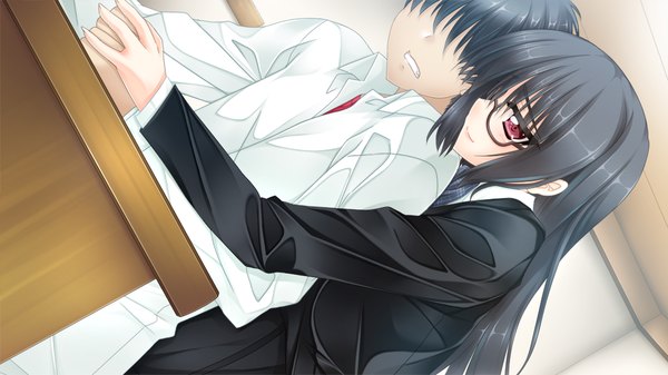 Anime picture 1024x576 with mirai wa kimi ni koishiteru long hair short hair black hair red eyes wide image game cg girl boy shirt glasses