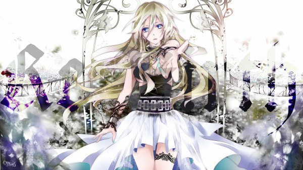 Anime picture 1200x675 with vocaloid lily (vocaloid) single long hair looking at viewer blue eyes blonde hair wide image nail polish inscription girl dress skirt bracelet pendant jewelry arch