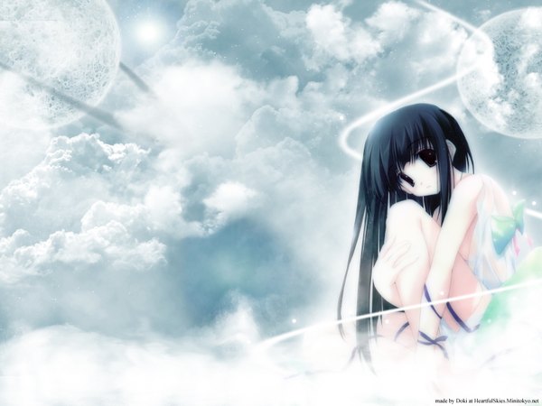 Anime picture 1600x1200 with nagomi single long hair looking at viewer blush light erotic black hair purple eyes cloud (clouds) girl ribbon (ribbons)