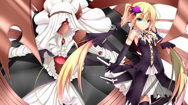 Anime picture 1920x1080 with original shouyan single looking at viewer highres blue eyes blonde hair wide image twintails very long hair girl dress gloves black gloves elbow gloves