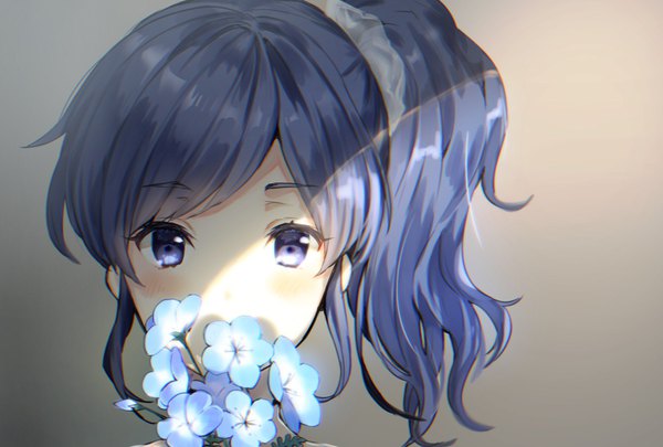Anime picture 2039x1378 with aikatsu! kiriya aoi kirushi (killcy) single long hair looking at viewer blush fringe highres blue eyes simple background payot blue hair gradient background side ponytail portrait shaded face covered mouth girl flower (flowers)